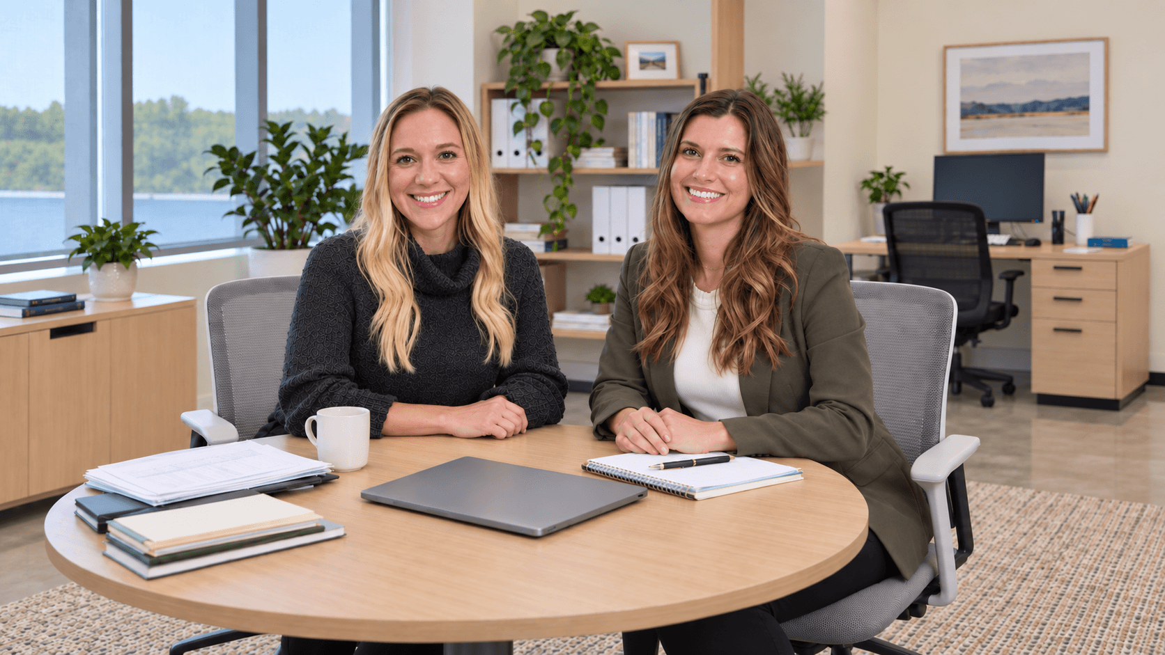Two women seated at an office table with a laptop and audit documents